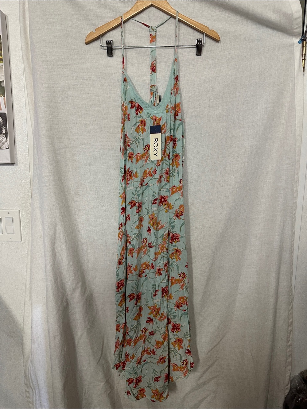 Roxy Light Aqua Floral Maxi Dress with Red & Orange Blooms Size XL